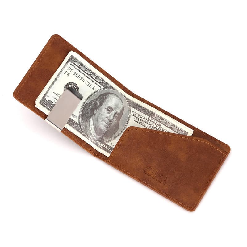 マネークリップ 本革二つ折り金属挟み付き薄型財布